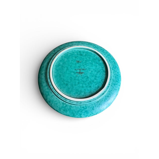Gustavsberg 1940s Wilhelm Kåge for Gustavsberg Pair of Floral “Argenta” Teal Stoneware Plates, Sweden For Sale - Image 4 of 5