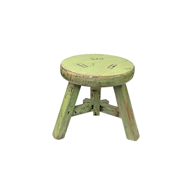 1990s Distressed Light Green Round Top Tri-Legs Small Short Stool Table Stand For Sale - Image 5 of 6