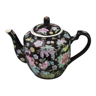 Vintage Famille Noire Jingdezhen China Millefleur Painted Enamel Tea Pot For Sale