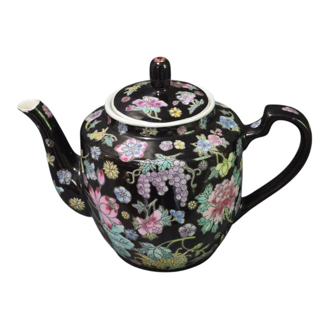 Vintage Famille Noire Jingdezhen China Millefleur Painted Enamel Tea Pot For Sale