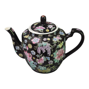 Vintage Famille Noire Jingdezhen China Millefleur Painted Enamel Tea Pot