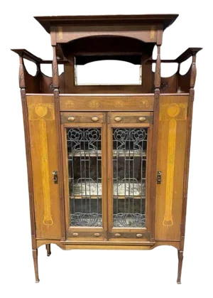 Antique Art Nouveau Mahogany and Floral Marquetry Display Cabinet