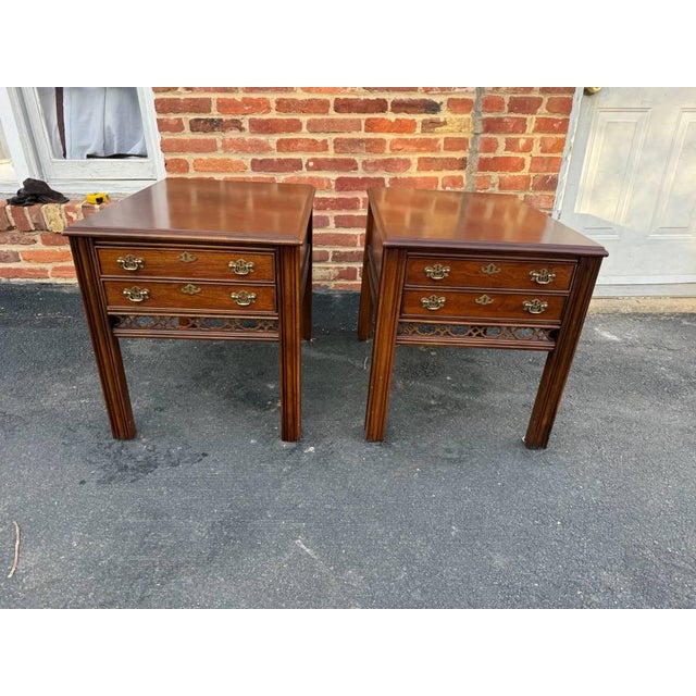 Pair of Chippendale Style Altavista Virginia Inlaid Side End Tables by Lanes 1 drawer, American made, brass hardware and...
