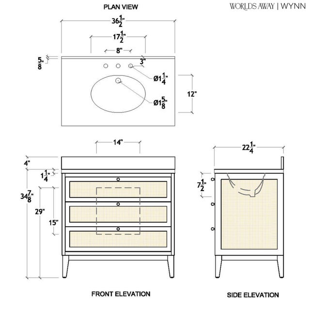 Matthew Izzo Home Wynn Cerused Oak Single Porcelain Sink Bath Vanity With Carrara Marble Top, 3 Caned Drawers and Brass Knobs For Sale - Image 9 of 10