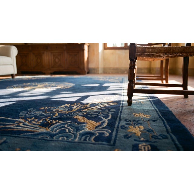 Radiant Navy Blue Color With Beautiful Florid Design Antique Chinese Peking Rug For Sale - Image 15 of 15
