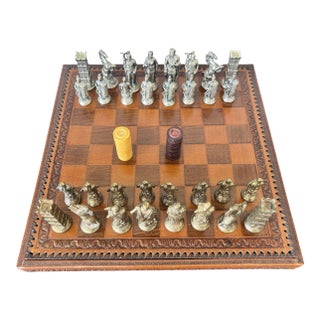 Italian Roman-Style Chess Set Cast Metal and Leather Leather Board Circa 1960 For Sale