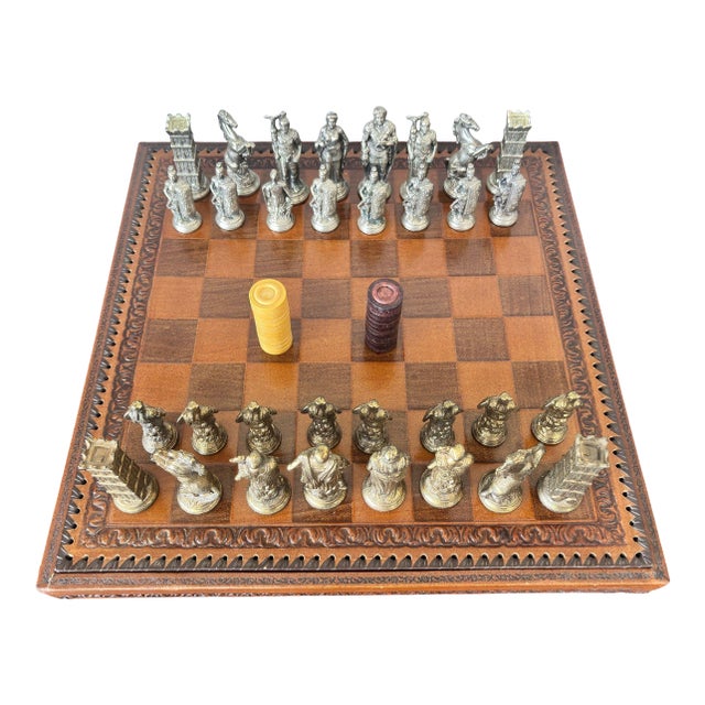 Italian Roman-Style Chess Set Cast Metal and Leather Leather Board Circa 1960 For Sale