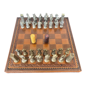 Italian Roman-Style Chess Set Cast Metal and Leather Leather Board Circa 1960