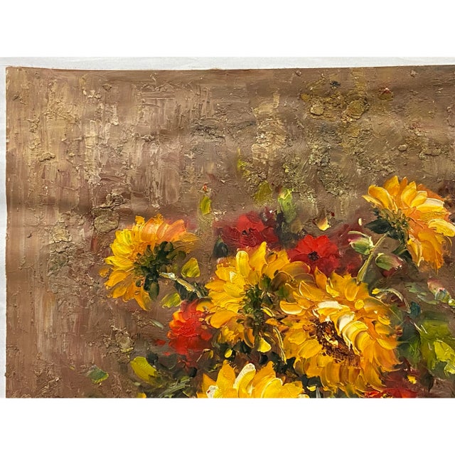 2010s Impasto Oil Paint Canvas Art Sunflowers Yellow Vase Scroll Painting For Sale - Image 5 of 6