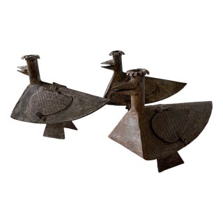 Brutalist Folk Art Bird Candlesticks, 1950s, Set of 3 For Sale