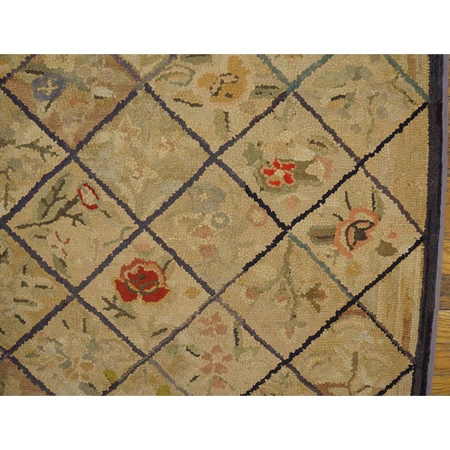 Early 20th Century 1930s Tan Camel Diamond Folk Art Antique American Hooked Rug3'0"x 5'0" Handknotted Wool Carpet For Sale - Image 5 of 11