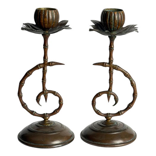 English Aesthetic Movement Japonisme Copper Candlesticks, 1880s, Set of 2 For Sale