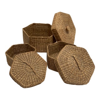 Boho Earthy Storage Nesting Baskets Containers, Set of Three For Sale