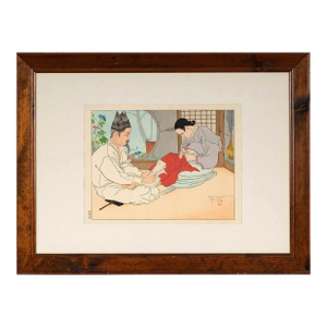 Framed Woodblock Print La Lettre du Fils Coree Early Version by Paul Jacoulet