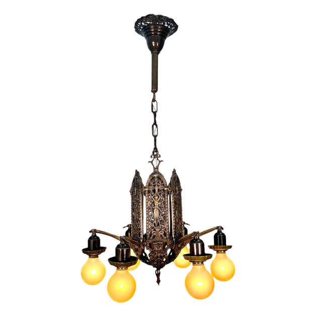 Art Deco 1920s Cast Bronze 6 Light Chandelier With Ladies and Revived Original Finish #2596 For Sale - Image 3 of 14