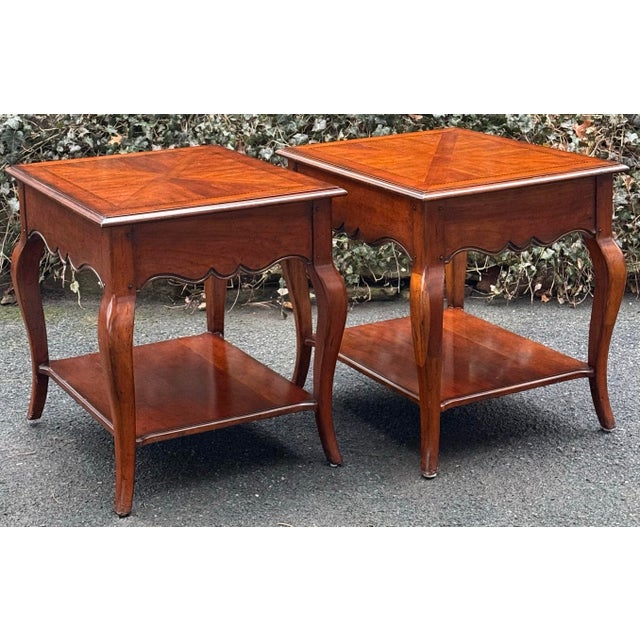 Wood Drexel Furniture Rustic French Country Solid Cherry Inlaid End Tables - Set of 2 For Sale - Image 7 of 12