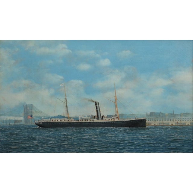 Antonio Jacobsen ( 1850 - 1921), the Santiago With Brooklyn Bridge! 18"x30" oil on canvas signed lower left and dated 1900...