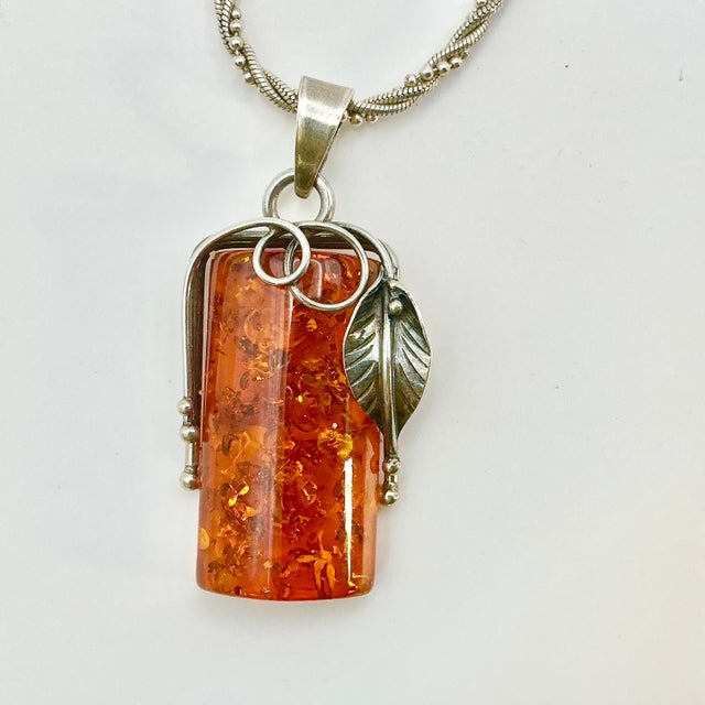 1970s Vintage Boho Chic Italian Art Nouveau Amber & Sterling Pendant Necklace, 22.5” For Sale - Image 10 of 15