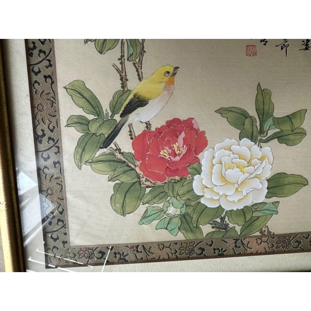 Collection Four Asian Japanese Silk Watercolor Framed Paintings For Sale - Image 13 of 18