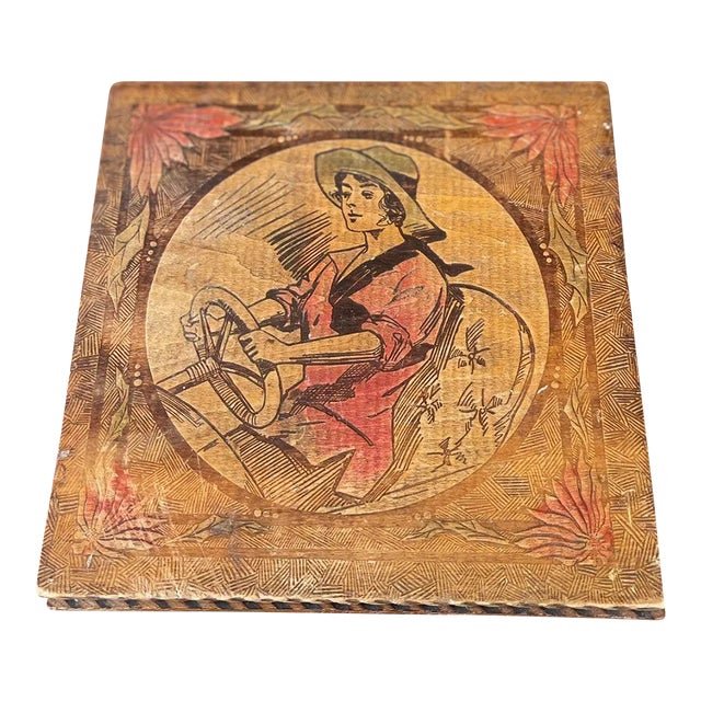 Vintage Pyrography Box Featuring Motif of Woman Driving a Car For Sale