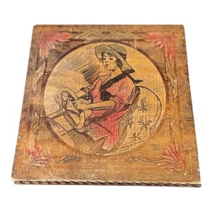 Vintage Pyrography Box Featuring Motif of Woman Driving a Car