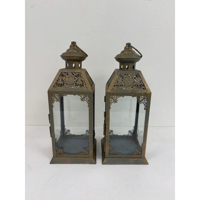 Pair of Metal Lanterns With Glass Panels For Sale - Image 4 of 9