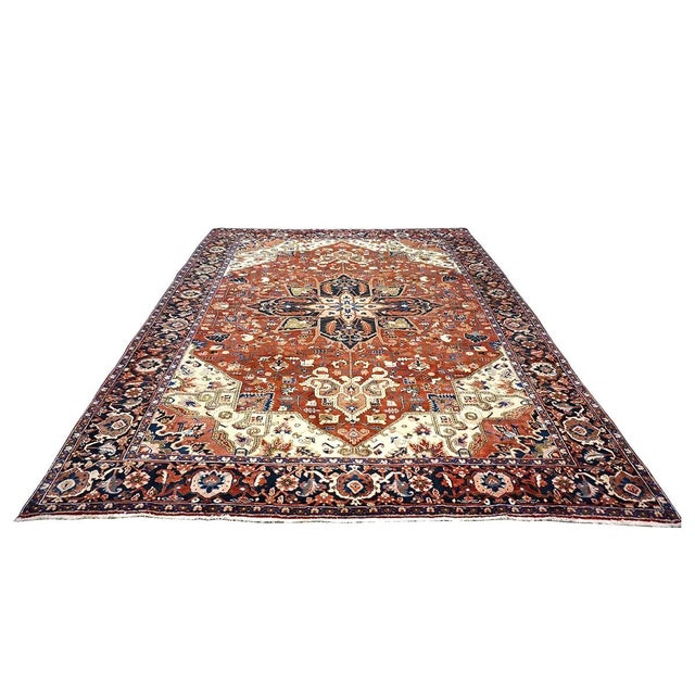 Persian Vintage Persian Heriz 10x13 Red, Navy, & Ivory Handmade Area Rug #9901667 For Sale - Image 3 of 13