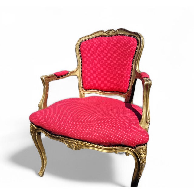 Vintage French Louis XV Style Giltwood Armchair with Rococo Carved Frame and Nailhead Trim, 1940s For Sale - Image 11 of 17