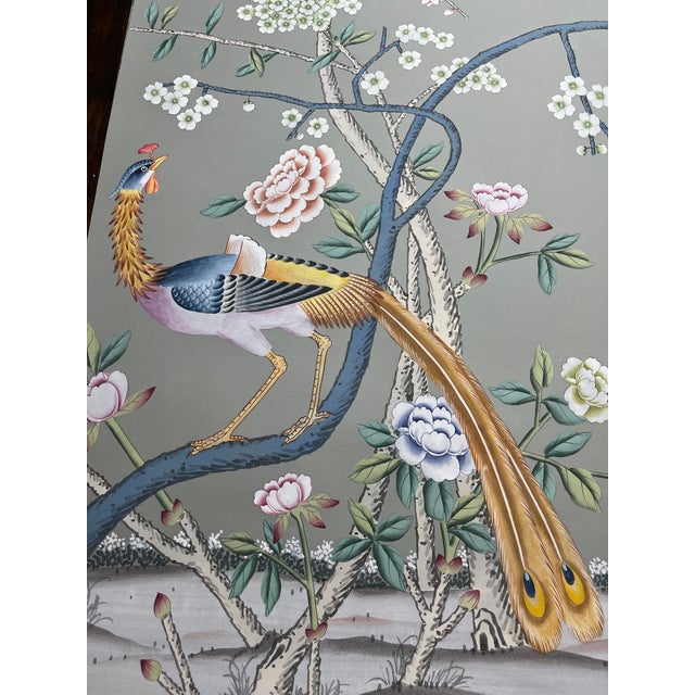 Not Yet Made - Made To Order Muted Grey Chinoiserie Mural | 2-Panel Hand-Painted Floral & Bird Wallpaper For Sale - Image 5 of 6