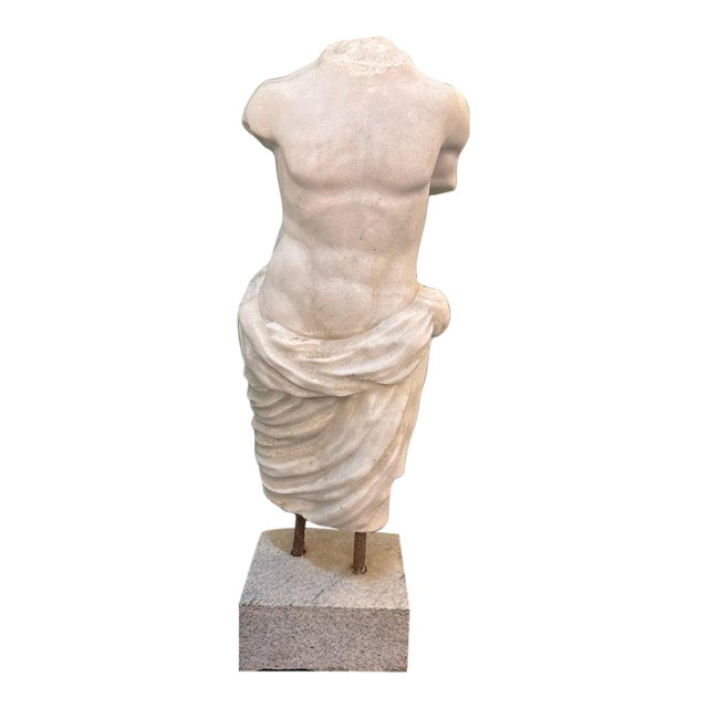 Classical Marble Male Torso Fragment on Custom Stone Base For Sale