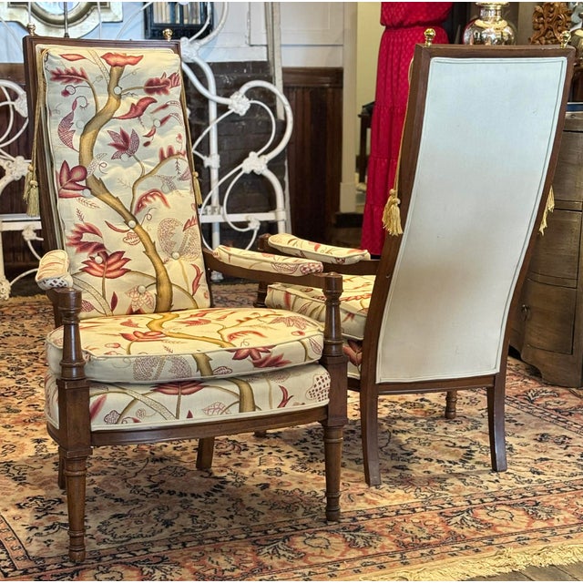 Pair of Mid Century Regency Style Wood Frame Armchairs With Waverly Style Upholstery Fabric and Brass Finial and Tassel Accents For Sale - Image 14 of 14