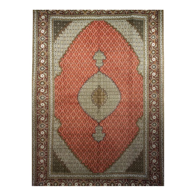 Antique Persian Tabriz Mahi Rug, Hand-Knotted Wool & Silk, Herati Geometric Pattern, Red & Ivory, 7x10 For Sale