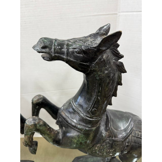 Traditional Pair of Prancing Metal Horse Statues Sculptures For Sale - Image 3 of 7