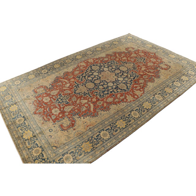 Traditional Antique Tabriz Rug in Orange, Blue, Beige Floral Medallion Pattern For Sale - Image 3 of 7