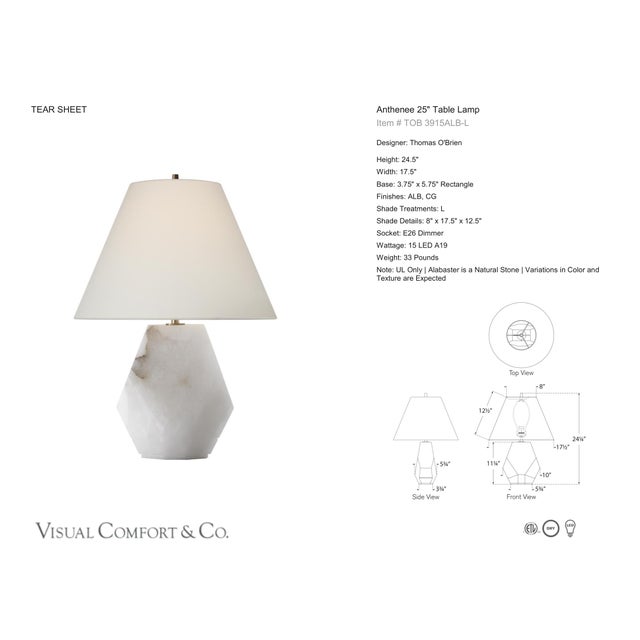 Thomas O'Brien by Visual Comfort Signature Anthenee 25" Table Lamp in Alabaster with Linen Shade Designer: Thomas O'Brien...