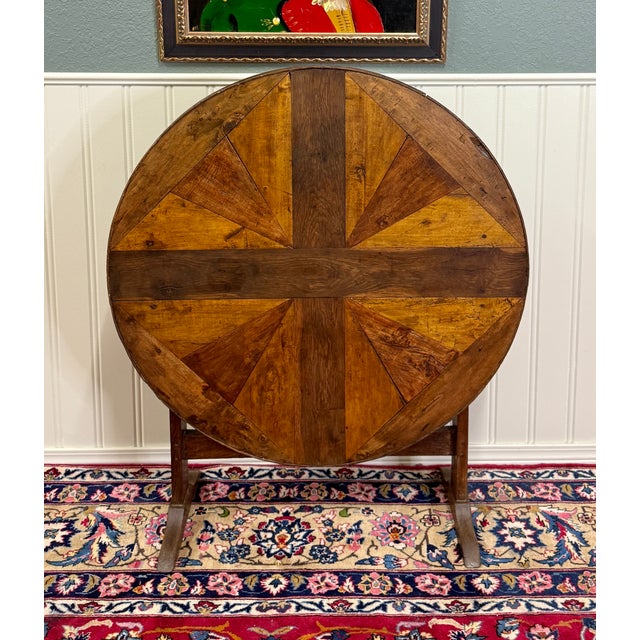 Wood Antique French Vendage Round Flip Top Gateleg Wine Table Oak Trestle Feet c.19th For Sale - Image 7 of 18