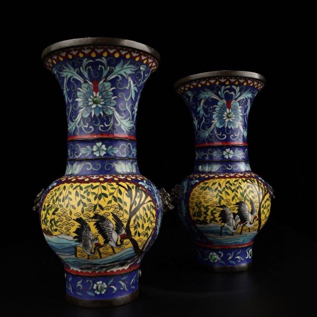 1900 - 1909 Pair of Chinese Cloisonné "Crane & Willow" Vases With Beast Handles - 15.8 LBS For Sale - Image 5 of 9