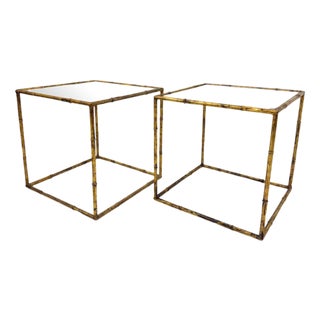 Side Tables in Glass Cube and Gold Metal Imitation Bamboo, 1970, Set of 2 For Sale