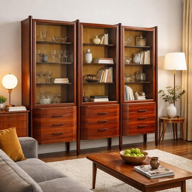 Exotic wood veneered cabinet with hinged door display cabinets, adjustable internal shelves and open drawers. This piece...