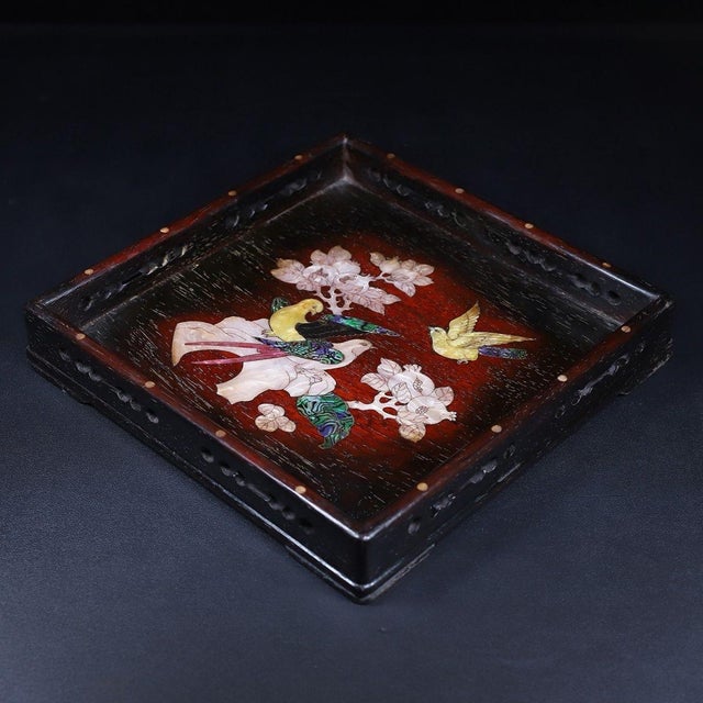 Traditional Late 20th Century Square Wooden Tray With Mother-of-Pearl Bird and Pomegranate Inlay For Sale - Image 3 of 10