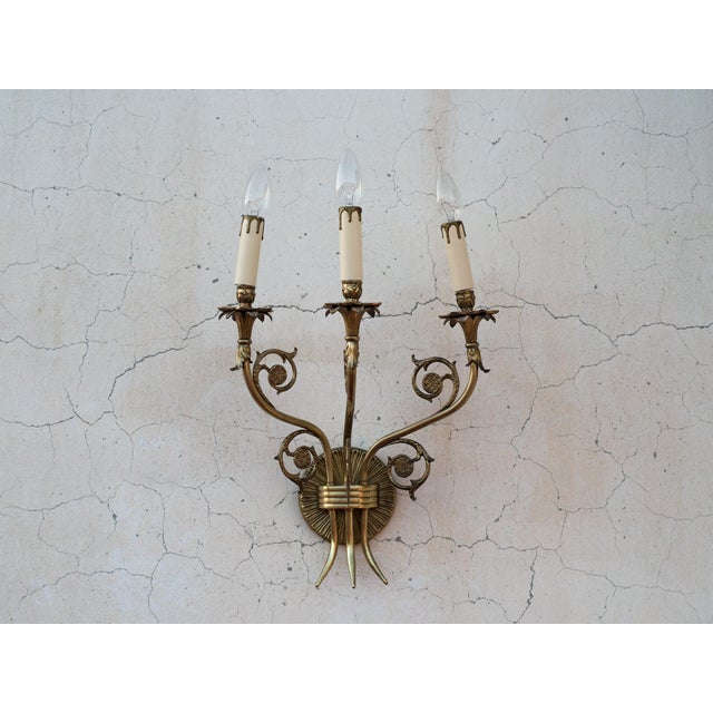 1950s Spanish French Neoclassical Cast Brass 3-Light Wall Sconce With Floral Rosettes For Sale - Image 12 of 12