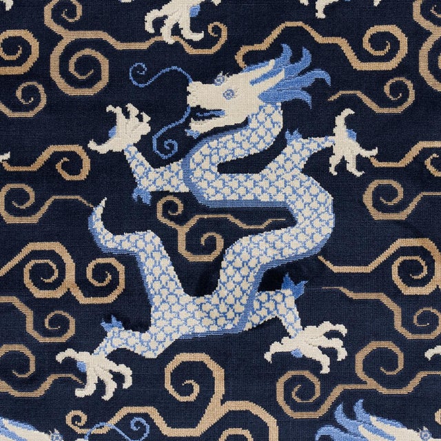 Chinoiserie Schumacher Bixi Velvet Fabric in Midnight Blue For Sale - Image 3 of 4