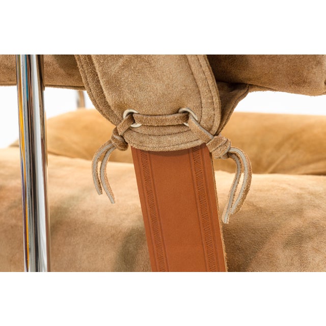 Metal Guido Faleschini for I4 Mariani Set of 4 Vintage Tan Suede Fabric Tucroma Chairs For Sale - Image 7 of 13