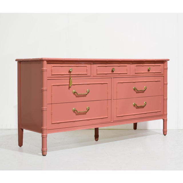 Hollywood Regency Mid Century Hollywood Regency Faux Bamboo Dresser With Brass Hardware by Thomasville For Sale - Image 3 of 15