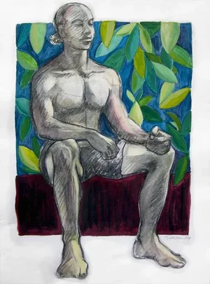 Colorful Figure Sketch With Foliage Original Painting