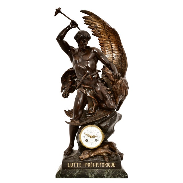 Patinated Bronze Figural Sculpture Clock "Lutte Préhistorique" by Emile Louis For Sale - Image 11 of 11
