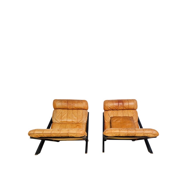 Ueli Berger for De Sede Model Ds-80 Cognac Leather Lounge Chairs Pair, 1960s, Set of 2 For Sale - Image 4 of 8