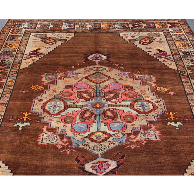 Vintage Turkish Kars Rug With Medallion on a Brown Field With Pops of Color 9'4" X 10'2" For Sale In Atlanta - Image 6 of 10