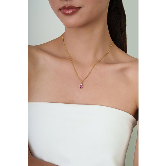 Peitite Certified Natural Ruby & Diamond Halo Cluster Pendant in 14k Yellow Gold For Sale - Image 10 of 14