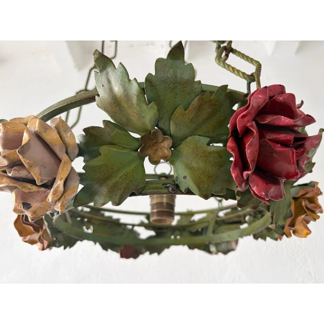 Metal Big Vibrant Roses & Leaves Circular Tole Wrought Iron Chandelier, C 1930 Italy For Sale - Image 7 of 11